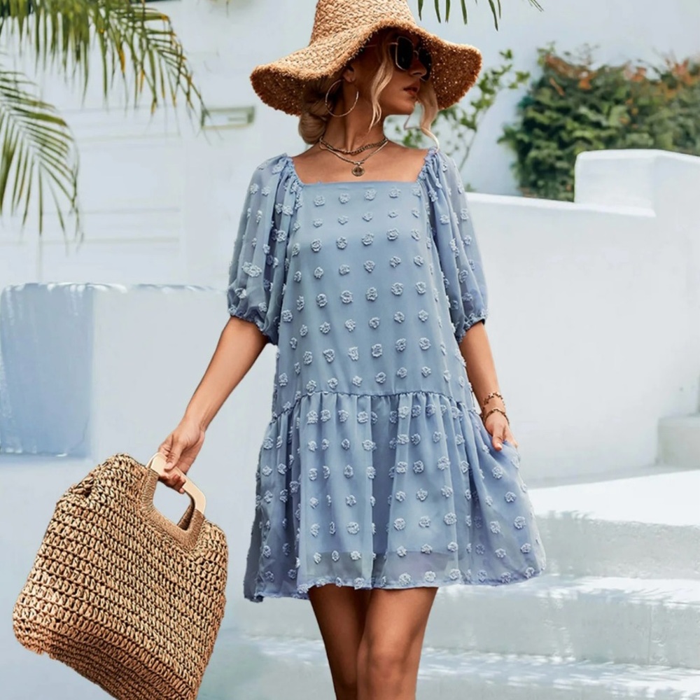 This Lovely Boho style Light Blue Puff Sleeve Dress, size large. Adorable!